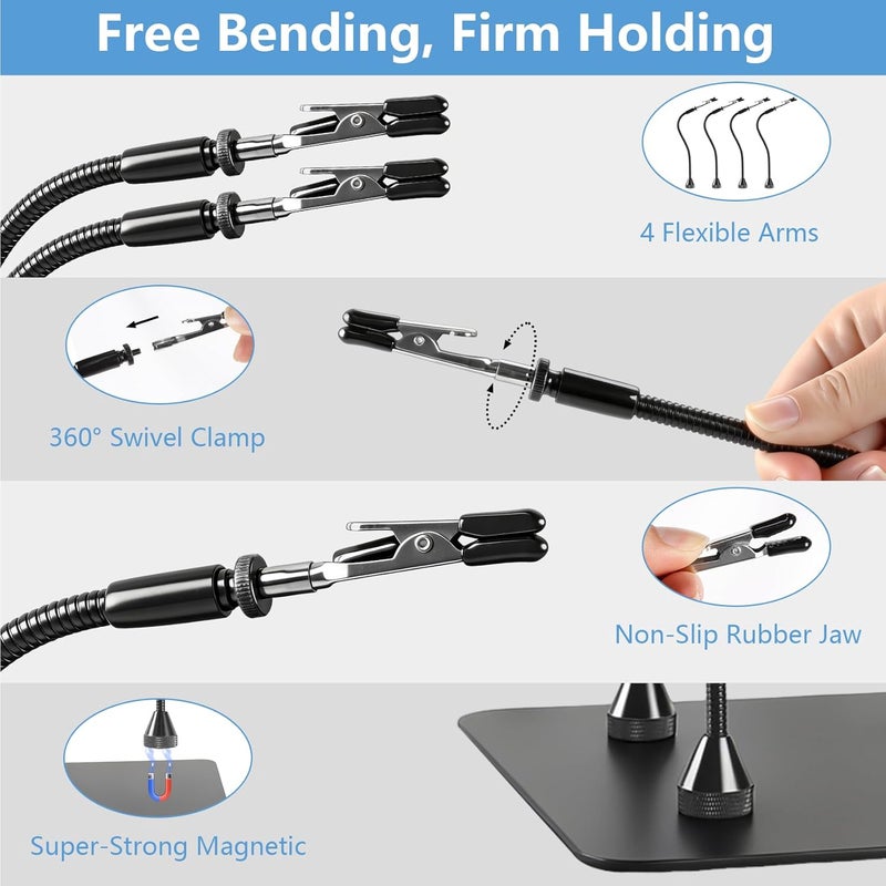 Jaenmsa Helping Hands Soldering Station with Light and Stand, 4.3" 10X Soldering Magnifying Glass with 4 Flexible Helping Arms, 5 Color Mode, 10 Dimmable Levels for Electronics Repair, Jewelry, Hobby - Image 4